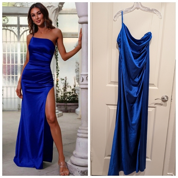 Faeriesty Dresses & Skirts - Faeriesty One Shoulder Sleeveless High Slit Blue Maxi Dress Large